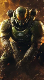 Armored sci fi soldier kneels in fiery battlefield haze