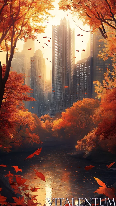 Autumn city skyline framed by vivid orange forest foliage.