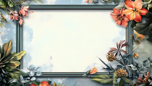 Floral Frame with Ornamental Blooms and Metallic Border