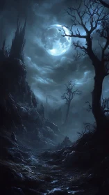 Moonlit path through bleak twisted forest at night.
