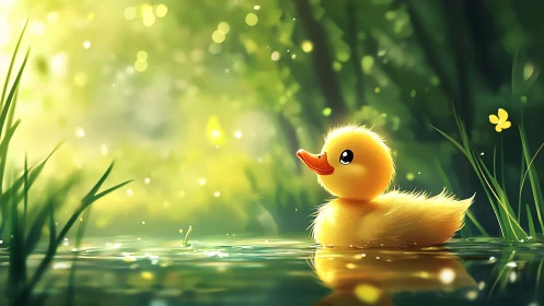 Yellow duckling on reflective pond surface in soft light.