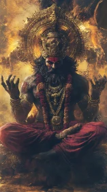 Digital painting of fiery seated deity with baroque aureole.