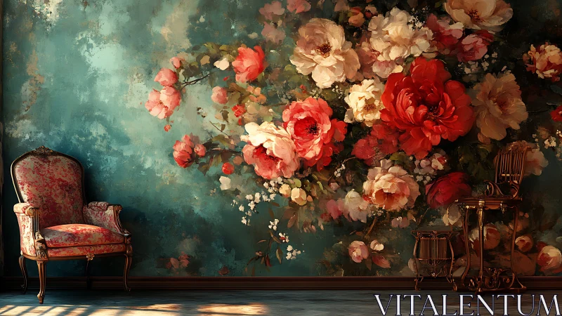 Floral mural with vintage chair in teal-toned interior.