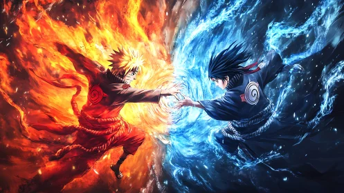 Rivals clash midair, fire and water chakra colliding violently