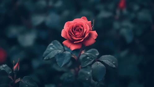Red Rose Blooms Against Moody Foliage.