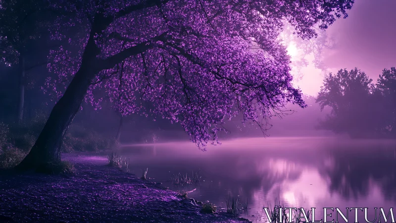Magenta lakeside blossom tree in ethereal sunrise haze.