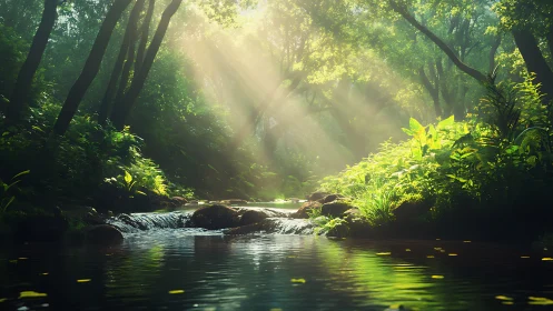 Luminous Forest Stream with Golden Sunlight Penetration