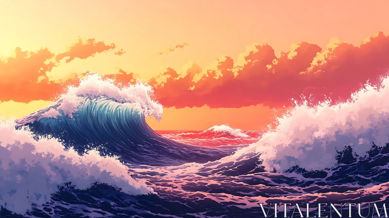 Ocean waves under vivid sunset sky in stylized seascape.