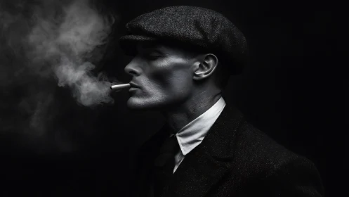 Smoker in flat cap exhales smoke against deep black background