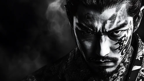 Tattooed warlord glare in smoke-slashed monochrome storm.