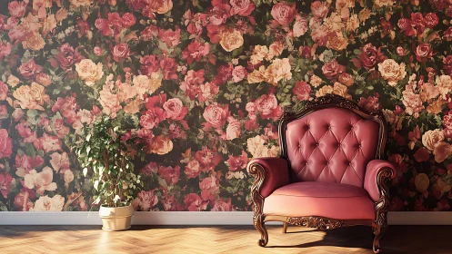 Victorian pink leather armchair against dense floral wallpaper
