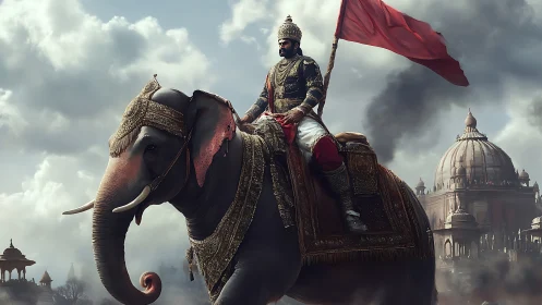 Armored war elephant with royal rider in smoky cityscape.