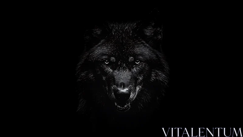 Stark monochrome wolf portrait emerges from deep darkness.