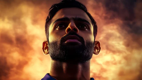 Storm-lit sports hero gazes upward through burning skies.
