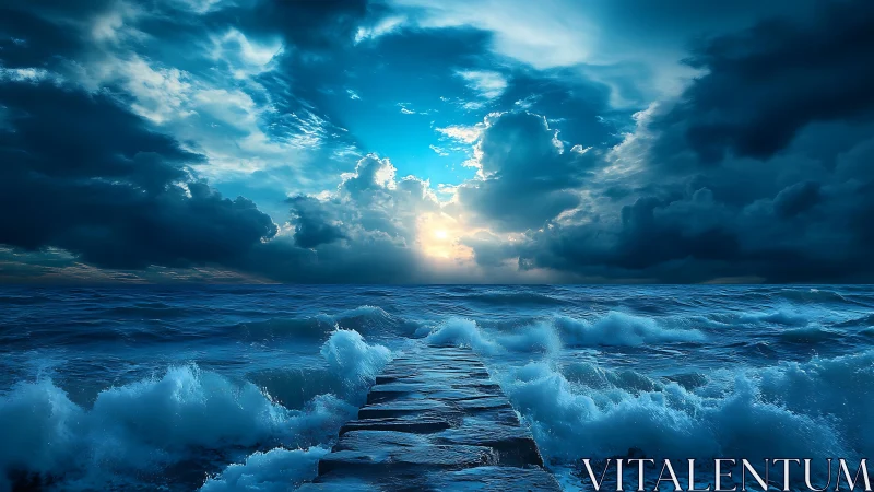 Stone pier extends into rough ocean under dramatic sky