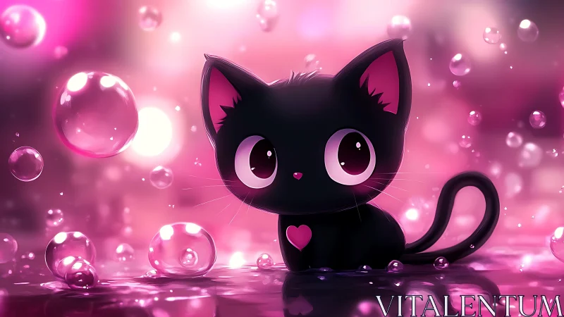 Luminescent Black Kitten in Magical Pink Bubble Environment.
