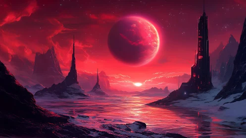 Crimson moonrise over needle spires on a frozen alien sea.