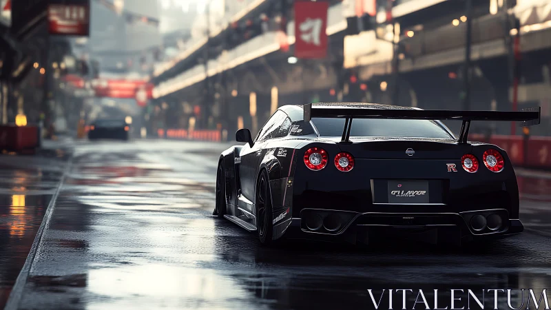 Modified GT-R stands on wet pit lane in overcast light