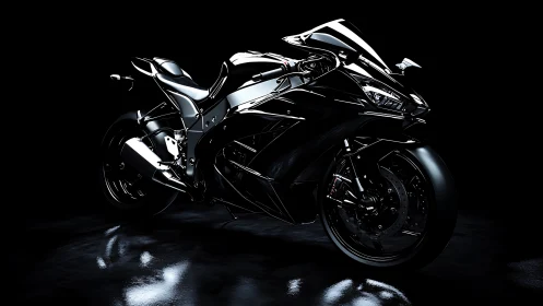 Sleek black sport motorcycle glowing in dramatic studio light.