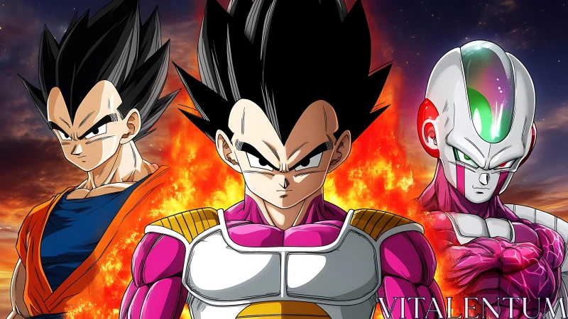 Triple warrior lineup amid blazing cosmic firestorm.