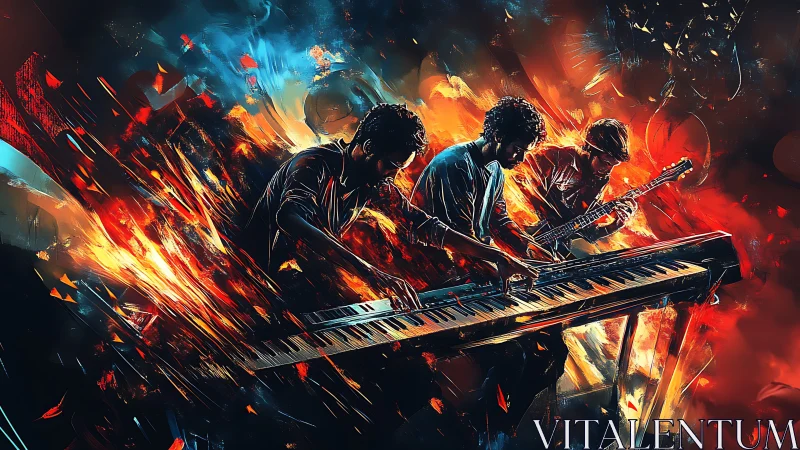 Digital rendering of trio performing with keyboard and guitar.