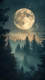 Moonlit Forest Night with Massive Full Moon Over Misty Trees