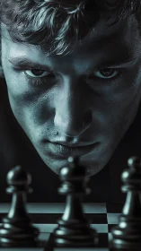 Intense chess player studies the board with cool focus