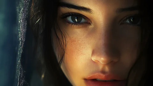 Photorealistic close-up portrait with intense green gaze.