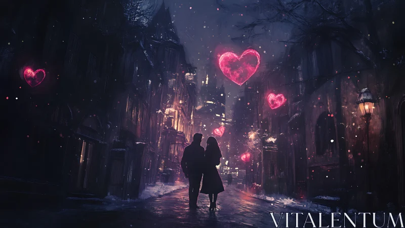 Glowing hearts illuminate urban romance in neon night.