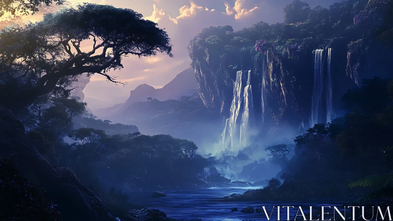 Moonlit cascades whisper across a hidden jungle valley
