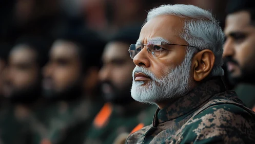 Elderly man in camouflage uniform amid blurred military crowd