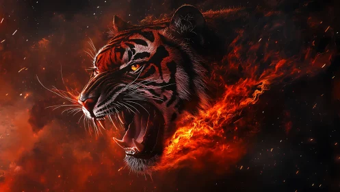 Roaring tiger head merges with directional flame trail in space