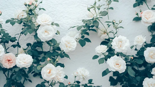 Cream Roses Against White Wall: Botanical Photography Study.