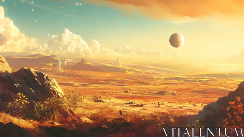 Golden alien valley stretches beneath glowing twin suns