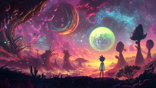 Silhouetted figure observing multicolored alien planetary sky.