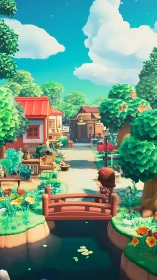 Vibrant stylized village bridge under saturated summer sky.