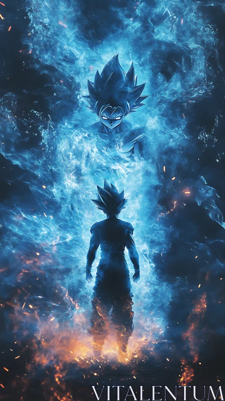 Twin auras ignite a cosmic warrior’s blazing ascension.