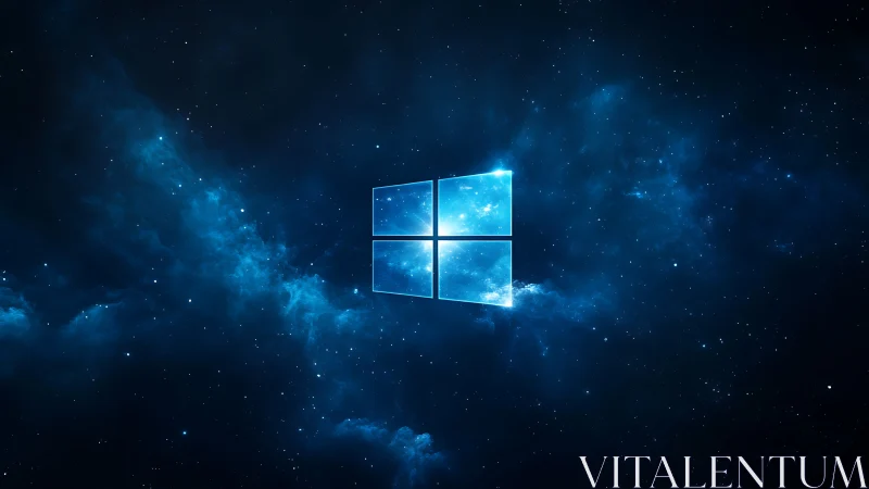 Glowing window emblem drifts in a deep cosmic nebula sky