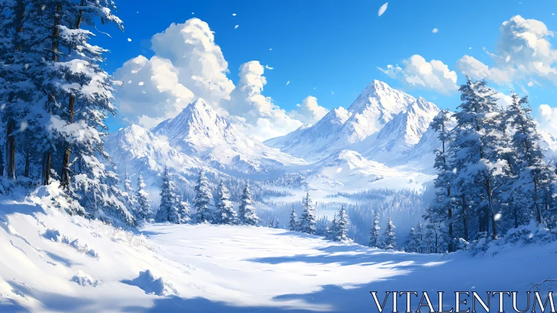 Snow covered mountain valley framed by dense pine forest