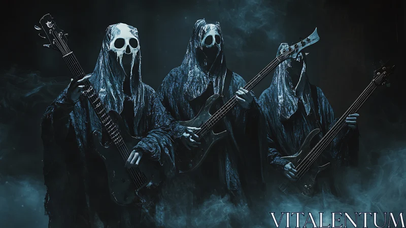 Hooded skeletal rock band emerges from swirling stage fog