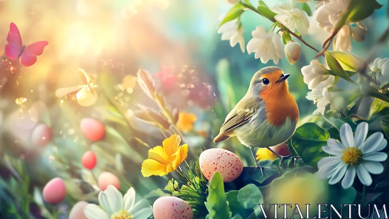 Spring songbird among flowers, eggs, and glowing light.