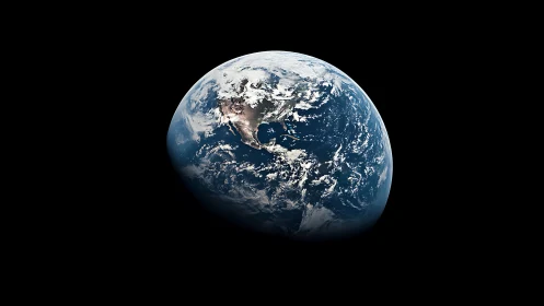 Earth viewed from space with North America illuminated and cloud bands