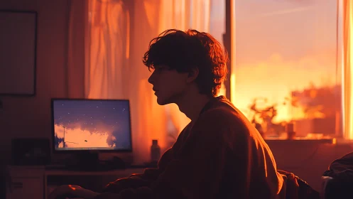 Silhouetted gamer in volumetric sunset-lit workstation interior.