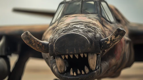 Weathered warplane nose art forms aggressive animalistic visage
