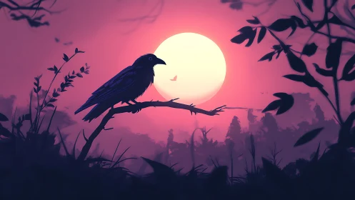 Midnight raven poised against neon magenta moonrise glow.