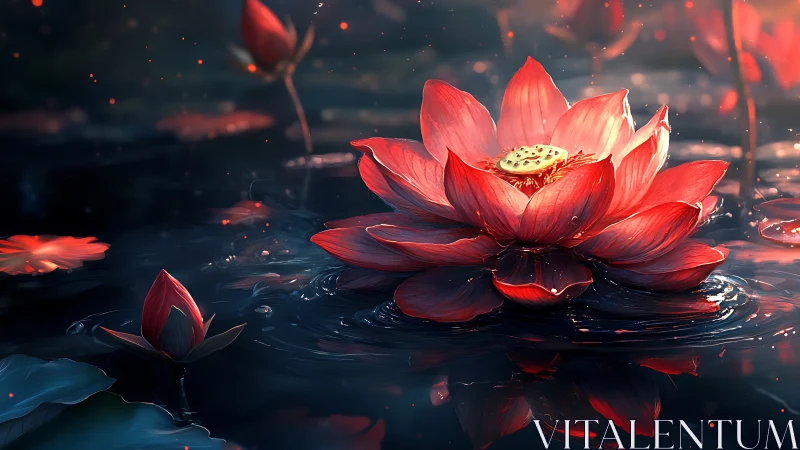 Red lotus flower with reflection in dark water pond.
