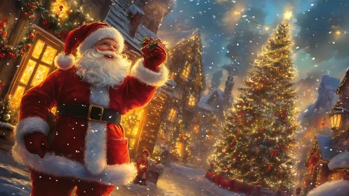 Illuminated winter village with Santa and luminous tree focus.