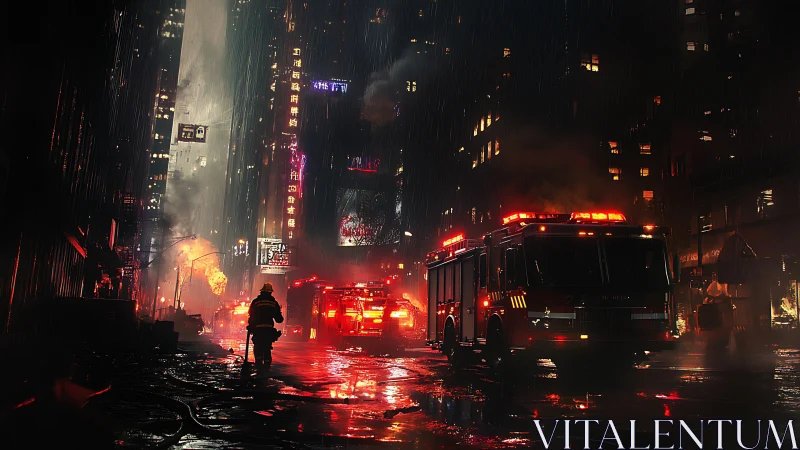 Urban night fire scene with emergency vehicles in rain.