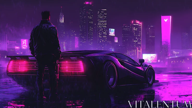 Lone figure observes neon city skyline beside parked car