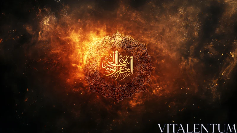 Radiant Arabic calligraphy glows within swirling cosmic fire
